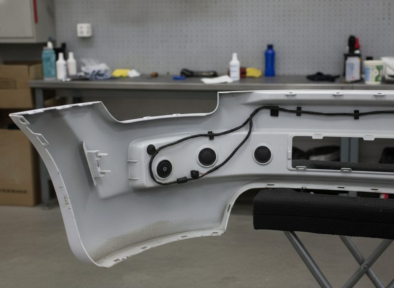 Rear bumper cover removed on a shop stand, showing a cracked mounting tab and parking sensors on the inner face.