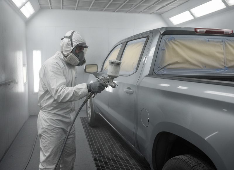 Painter in a spray suit blending basecoat across a door and quarter panel inside a downdraft booth.