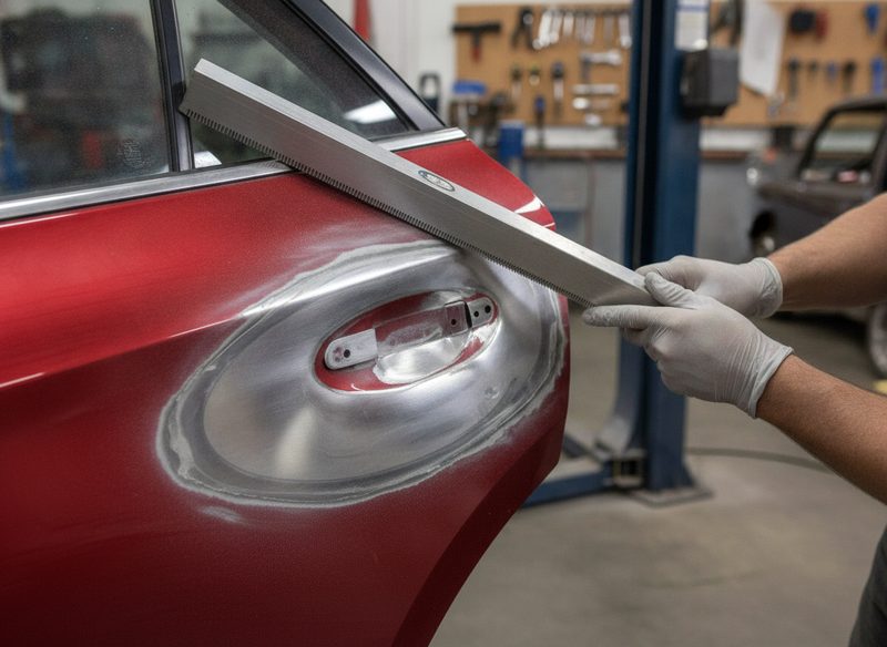 Technician sanding a dented rear door panel, bare metal feathered through the primer.